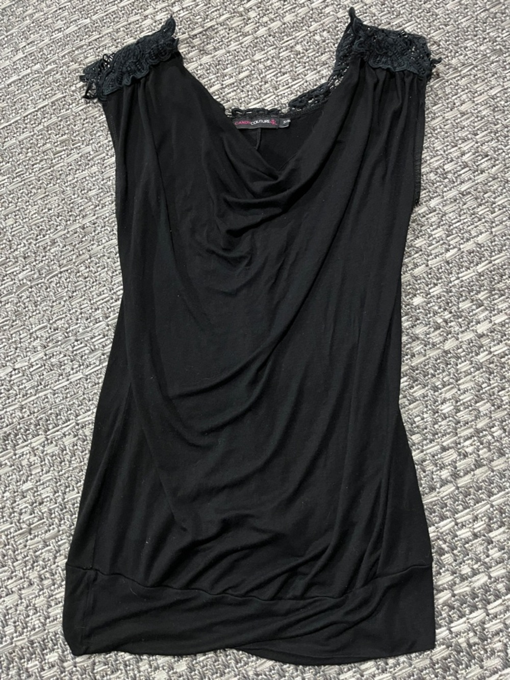 Candy Couture | Black Y2K Cowl Neck Tank With Lace Trim Along Shoulders
